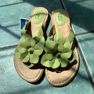 green flower flip flops